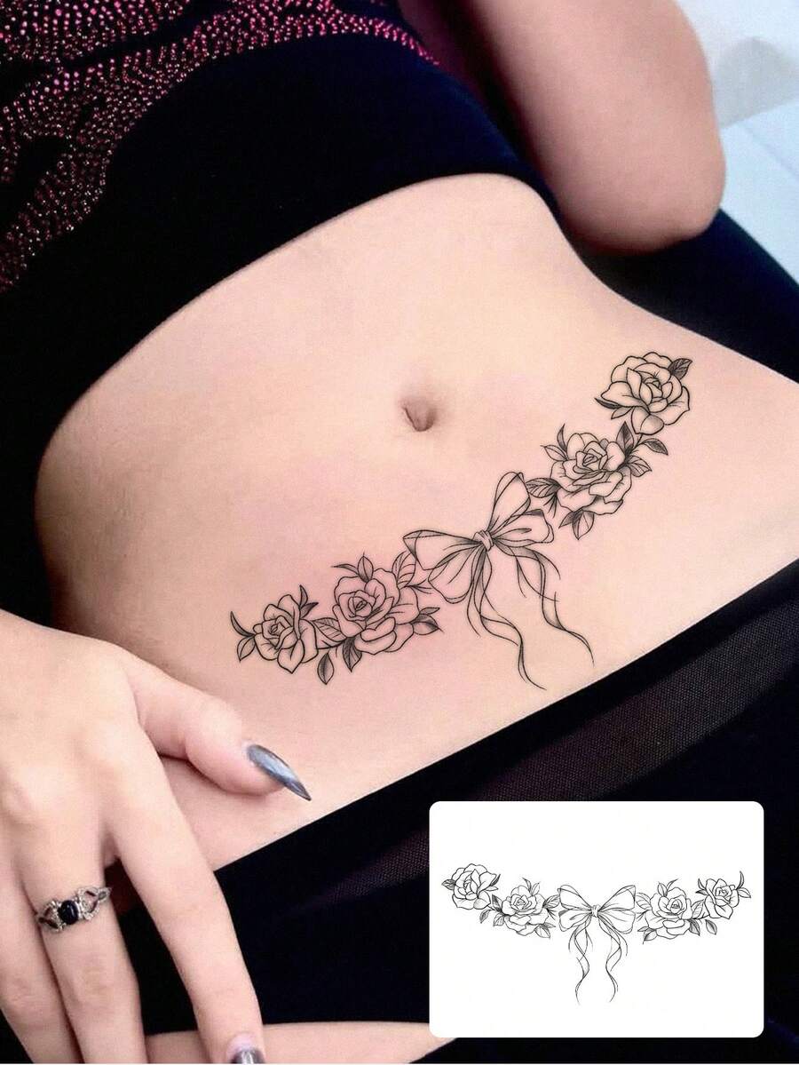 1pc Washable, Waterproof, Sweat-Proof, Non-Reflective Temporary Tattoo Sticker With Succubus, Floral, Bow Design, Suitable For Waist, Abdomen, Shoulder, Y2K Style, Suitable For People Daily Use - Black - View 1