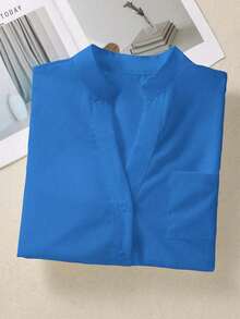 女士纯色V领纽扣衬衫 - 长袖休闲优雅衬衫，带口袋设计，适合度假、旅行和日常穿着，四季必备单品，春季必备 - 藍色 - 查看 5