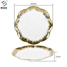 MBB 1 szt. ceramiczny talerz obiadowy z falowanym brzegiem i złotym rantem, piękny okrągły talerz do serwowania 8,5" 10,5" 12" 14" na pyszne steki, makarony lub inne dania, prezent na parapetówkę lub ślub, ceramiczne okrągłe talerze do kuchni lub restauracji, nowoczesny zestaw talerzy sałatkowych - do mikrofalówki, piekarnika i zmywarki, odporny na zarysowania, białe złoto