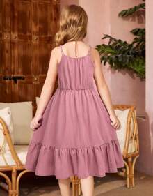 Girl's Summer Sundress Spaghetti Strap Solid Linen Midi Dress Casual Cami Dresses