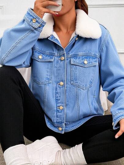 Cazadora de dama con manga larga con solapa de peluche suave.  Colorblock    Casual    Bolsillo  Botón delantero    Diario