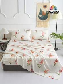 4入組花卉圖案床單1入組床單和2入組枕套和1入組床笠四季皆宜滌綸床上用品 - 彩色 - 查看 1