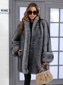 Ladies' Loose Coat, Fox Fur Imitation, Winter Jacket, Women's Plus-Size Clothing, Rolled-Up Sleeve Coat,Mantel