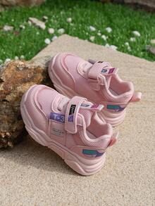 1 Pair Girls' Chunky Sneakers, Mesh Breathable, Hook & Loop Design, Fashion Casual Sports Shoes, Suitable For School Sports, All Seasons - Pink - View 13