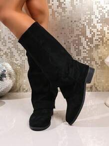 Fall/Winter 2025 Slimming Suede Shaft Over-The-Knee Chunky Heel Pointed Toe Cowgirl Boots For Women - Black - View 3