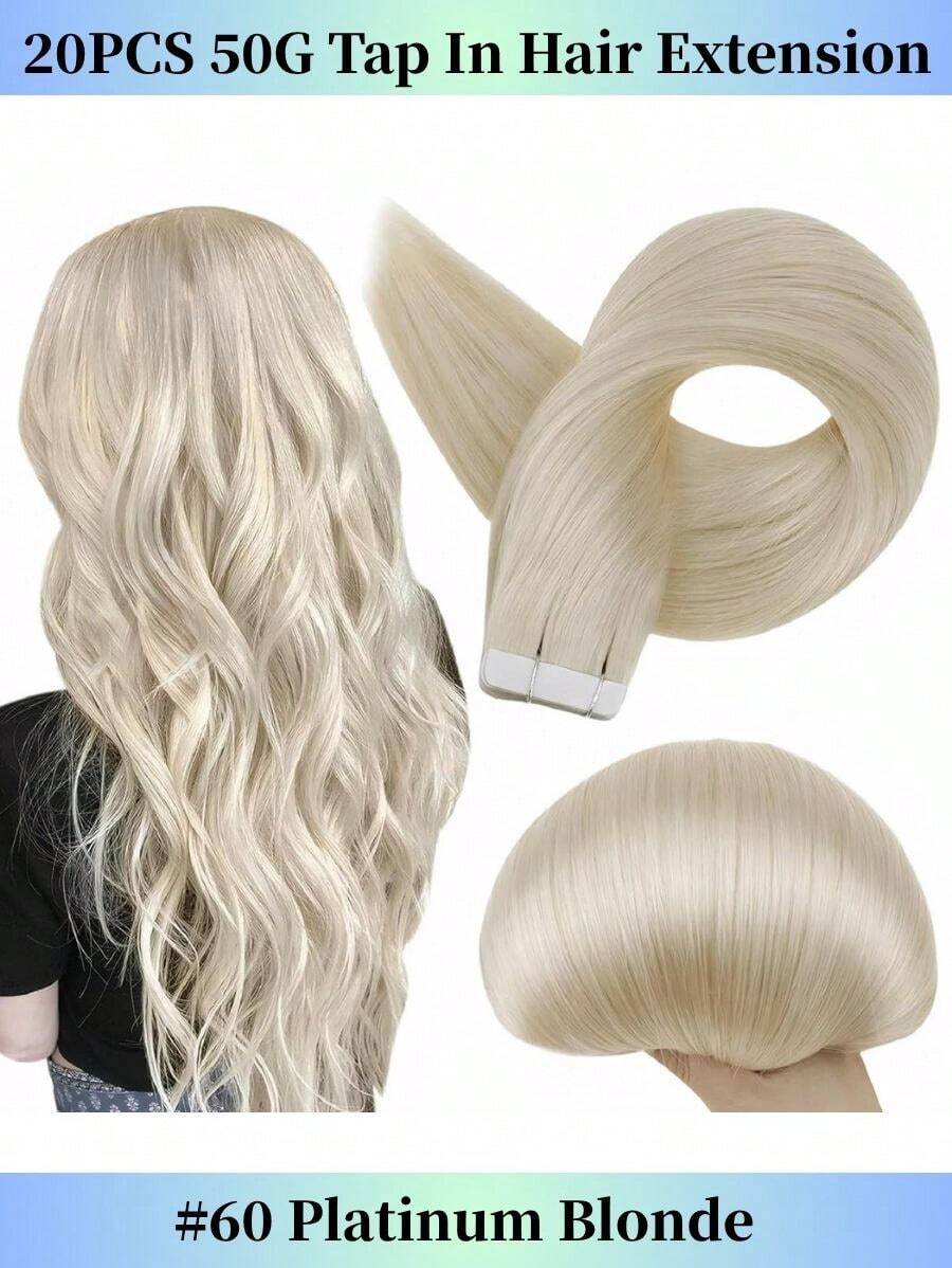 Tape In Hair Extensions Double Sided Human Hair Extensions Tape Ins Silky Straight Color 60 Platinum Blonde Remy Hair 16-26 Inch Tape Ins 50G 20 Pcs Seamless Invisible Real Remy Extensions - S60 - View 1