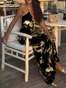 UREREM 女士夏季新款金属感露背V领时尚百搭优雅连衣裙，适合约会、郊游、度假、婚礼、派对、嘉年华、复活节、音乐节、啤酒节等场合。110克梭织面料，性感金属感连衣裙 - 黑色 - 查看 2