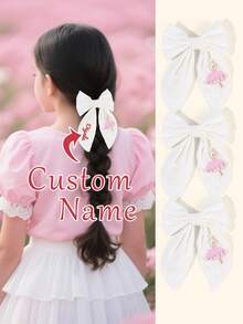 1pc Custom Name Ballet Girls Embroidered Hair Bow For Girls Elegant Pearls Bow Alligator Clip Cute Sweet Personalized Hair Clip White Customized Barrettes Princess Custom Text Hairpin Kids Hair Accessory