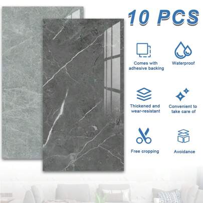 Marble Tile Stickers, 10Pcs Vinyl Floor Tiles Self Adhesive Floor Sticker,Peel And Stick On Vinyl Floor Wall Tiles For Bedroom Bathroom Living Room Kitchen Splashback 60x30cm