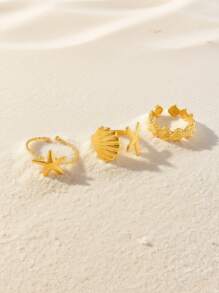 3pcs 18K Gold Plated Stainless Steel Adjustable Ring With Shell And Starfish Design, Gift Set - 3-piece Set No. 1 - View 4