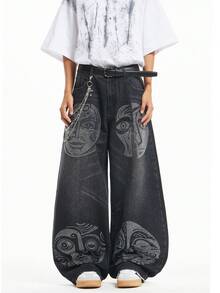 1 pezzo Pantaloni di jeans casual comodi e rilassati con gamba dritta, vestibilità ampia, effetto consumato e decorazioni in strass, stile urban americano per uomo (senza cintura e accessori) - nero - Visualizzare 1