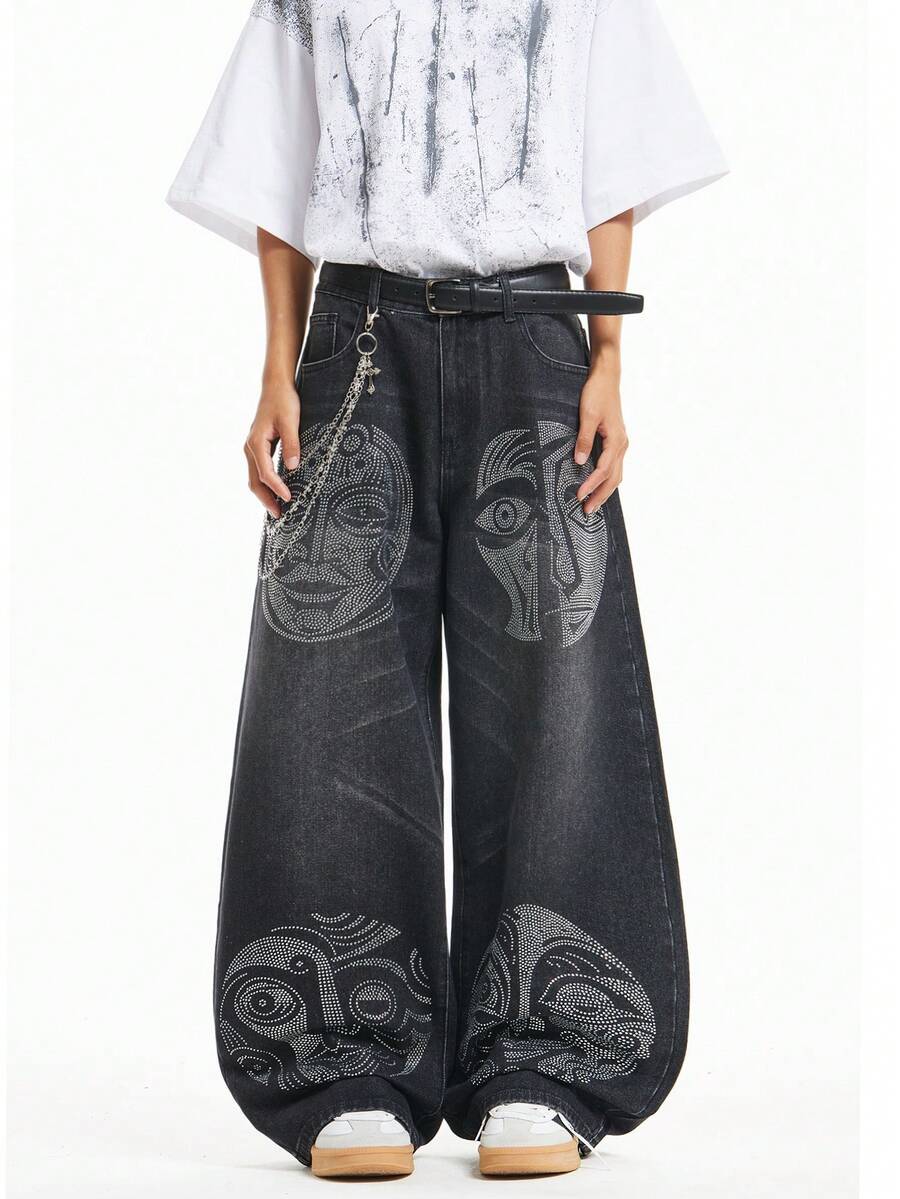 1 pezzo Pantaloni di jeans casual comodi e rilassati con gamba dritta, vestibilità ampia, effetto consumato e decorazioni in strass, stile urban americano per uomo (senza cintura e accessori) - nero - Visualizzare 1