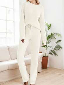 tooluck Women's Casual Pajama Set Fuzzy Fleece Knitted Long Sleeve Pj Loungewear White - trắng - Xem 1