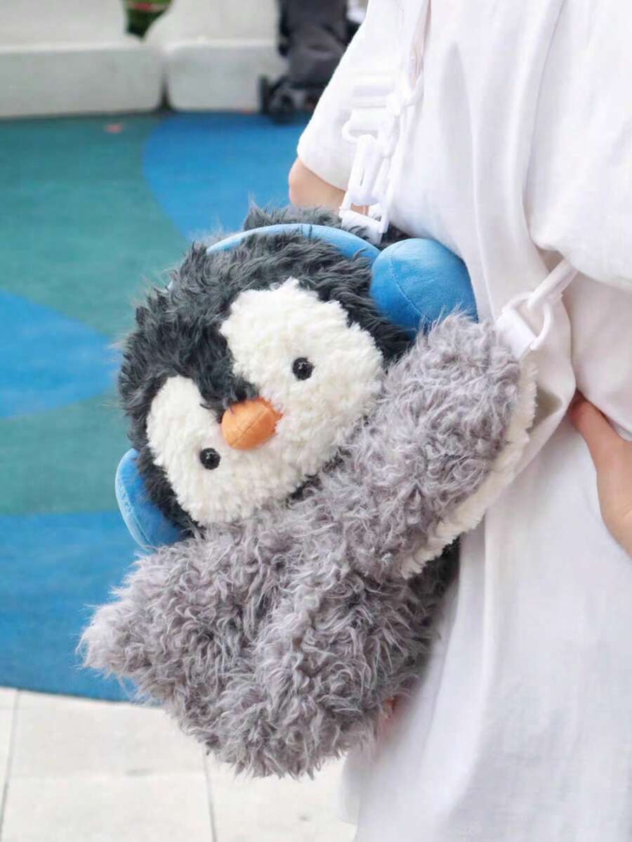 Cute Cat, Penguin, Rabbit Plush Backpack, Cat, Penguin, Rabbit Slouch Small Backpack, Girl Casual Phone Coin Purse, Unique Cartoon Shoulder Crossbody Bag - Grey - View 1