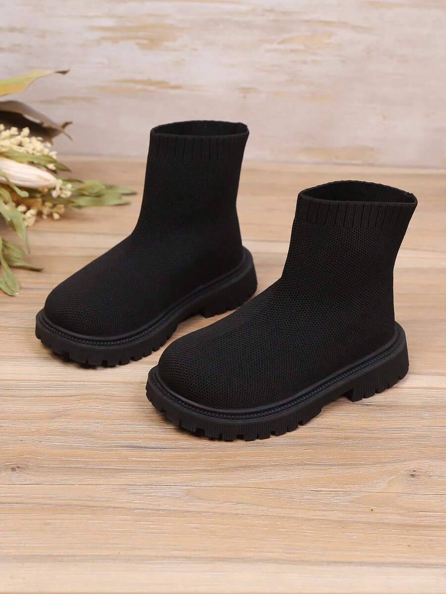1 par de botas elásticas negras para niños, material de tela de unicolor, diseño elástico deslizante, adecuado para niños y niñas de 3 a 12 años, botas de moda casual para fiestas, al aire libre, viajes, nuevas llegadas para otoño/invierno 2025