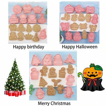 1set Of 8 Pieces Of Creative Cookie Molds For Christmas, Halloween, And Birthdays, Including Elements Of Christmas, Halloween, And Birthdays. These 3D Cookie Cutting Molds Are Suitable For Baking Party Supplies With Sugar Cookies And Cake Decoration Tools Christmas Christmas Decorations Christmas Pajamas Christmas Gifts Christmas Decor