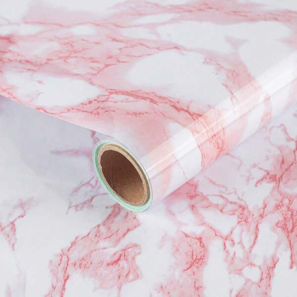 Autocollants résistants à l'huile de cuisine rose et verts, papier peint adhésif pour rénovation de meubles avec motif marbre
