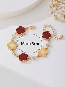 1件装奢华优雅金色纹理红色幸运四叶草女士手链 - 紅色 - 查看 5