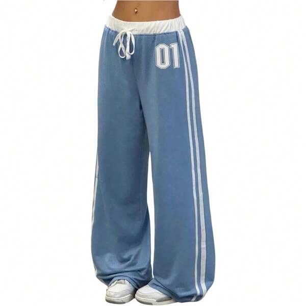 Women's Drawstring Waist Sports Sweatpants Retro Wide Leg Baggy Pants Streetwear Back To School