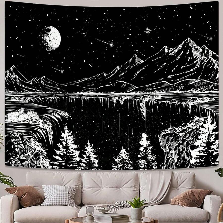 Local Shipping 2025 New Black And White Tapestry Starry Night Mountain Tapestries For Bedroom Aesthetic Moon And Stars Tapastry's Wall Hanging Dark Nature Forest Wall Tapestry For Living Room Dorm (48'' * 36'') - 黑色 - 查看 1