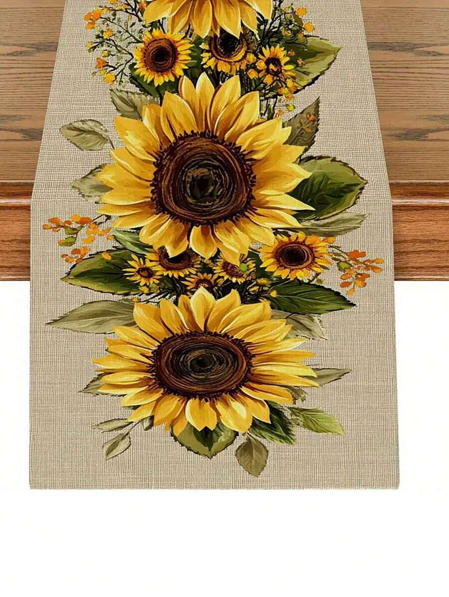 1 buc. Față de masă rustică cu model de floarea-soarelui - Design floral galben vibrant pe fundal bej, Material textil din poliester, Perfect pentru mese de sufragerie, măsuțe de cafea și decor pentru casă, Utilizare în toate anotimpurile, Decor de bucătărie cu model de floarea-soarelui (13x35.4/47.2/63/72/78.7 inci), Decor de toamnă, Decor de toamnă, Decor de cameră