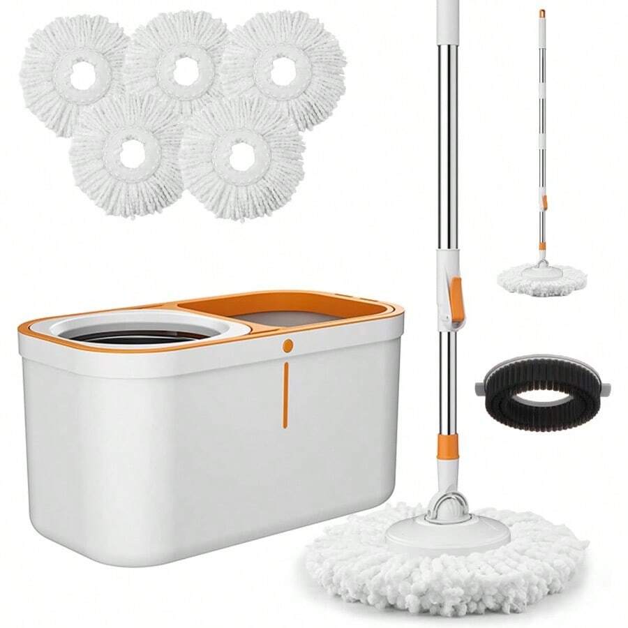 Spin Mop Bucket With Wringer System Extended Mop Handle 61"Mop And Bucket For Floors Cleaning With 5 Replacement Head Refill 1 Cleaning Brush Head