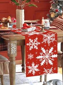 1pc Christmas Theme Tablecloth, 35x180cm, Vintage Red Christmas Theme Snowflake Pattern, Christmas Holiday Theme Dining Table Decor Fabric, Suitable For Restaurant, Living Room, Christmas Family Gathering, Winter Fabric Decor.