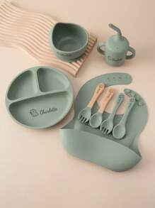 1pc/2PCS/8PCS Children Custom Silicone Tableware Set Personalized Customization Name And Pattern Kids Dinner Set Portable Utensils Adjustable Bib Sucker Bowl Plate Sippy Cup Print On Demand Toddler Meal Tray,Halloween Edit,Back To School Fashion,Christmas Gift