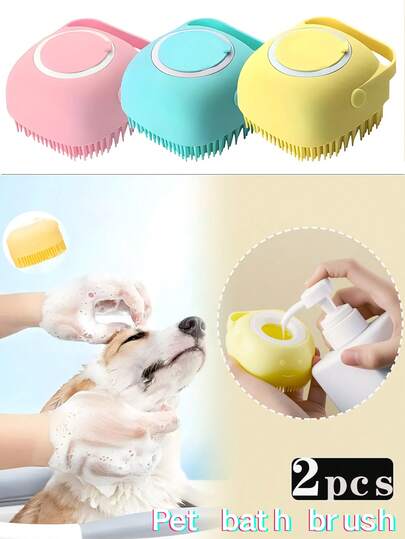 2支装宠物清洁刷，内置洗发水分配器，柔软刷毛，可用于梳理和按摩犬猫，易于使用和清洁。