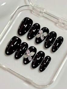 Summer Nails, Ten Medium-Length Almond-Shaped Pressed Fake Nails. Retro Sweet And Playful Style. Black Base Color Paired With Classic White Polka Dots. Hand-Painted Three-Dimensional Flowers Combined With Diamonds For A Gentle And Flattering Appearance. Removable And Reusable. Comes With Nail Polish Remover And Jelly Glue. Can Be Worn At Parties, Gatherings, Daily Life, Work, School, Etc. Suitable For Ladies And Girls. Pregnant Women Can Also Wear Them. - Black - View 2