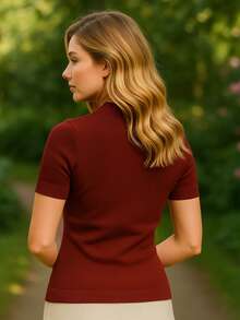 Women's Short Sleeve Blouse | Basic Elastane | Round Neck Blouse | Women's Ribbed Knit Short Sleeve Basic Turtleneck Various Colors | Women's Basic Knit Blouse Turtleneck Short Sleeve Casual Look | Women's Fitted Ribbed Knit Short Sleeve Crew Neck Comfortable | Women's Short Sleeve Basic Knit Blouse Elegant Various Colors | Women's Basic Knit Blouse Short Sleeve Turtleneck Versatile For Everyday - 紅木色 - 查看 5