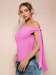 Women's Bodysuit With Tie Bow And Asymmetrical Neckline, Sleeveless, Ideal For Romantic Dates, Casual, Vacation And Summer - 西瓜粉 - 查看 3