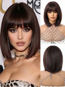 Tóc giả ngắn ngang vai, thoáng khí và thoải mái, dài 14 inch, màu nâu đậm, có mái, đường may mở tự do. Tóc giả nữ, sợi tổng hợp chịu nhiệt, thích hợp cho cosplay và sử dụng hàng ngày. - Màu nâu tối - Xem 3