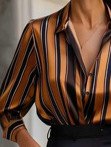 1 pieza Blusa de manga larga con botones y estampado a rayas en todo el diseño, adecuada para vacaciones, citas nocturnas, fiestas, regreso a clases, primavera y otoño