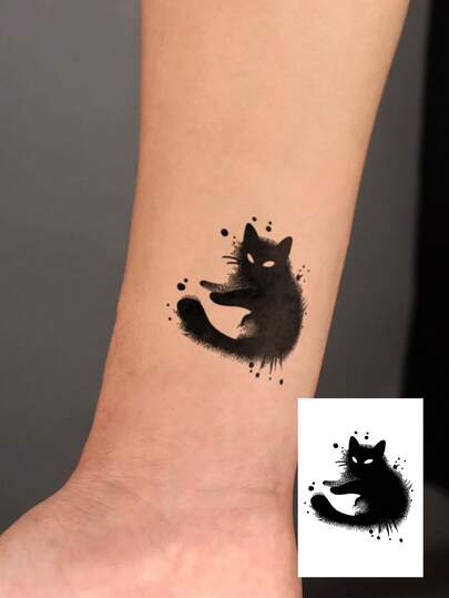 1 Stück waschbarer temporärer Kräuter-Tattoo Aufkleber, PVC Aquarellstil cooles schwarzes Katzenmuster, wasserfest & schweißfest, geeignet für den täglichen Gebrauch