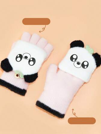 1 Pair 5-12 Years Old Kids Warm Panda Cartoon Fingerless Knitted Gloves With Flip Cover, Suitable For Boys And Girls In Winter