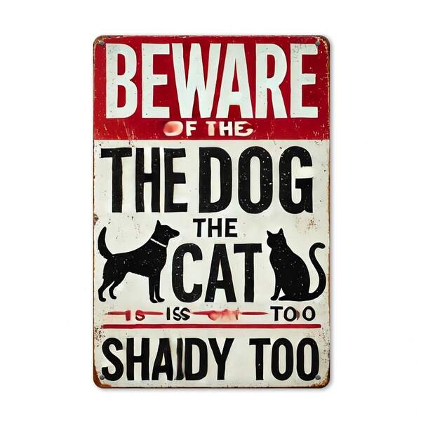 2D Flat, Integrated, 2D Flat, 8x 12inch Interesting Dog Warning Metal Sign - Beware Of Dogs And Sneaky Cats Sign, Suitable For Yard Fence Outdoor Decoration Gift Christmas Decoration, Perfect For Room Decoration