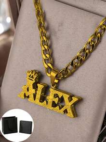 1件定制姓名：双层磨砂项链 - 不锈钢金色嘻哈3D闪亮吊坠，适合男孩、父亲、情侣（父亲节、毕业典礼、母亲节），派对配饰，嘻哈风格，做工精致，情侣首饰，时尚配饰，耐用首饰，时尚首饰，毕业礼物 - 磨砂項鍊 - 查看 13