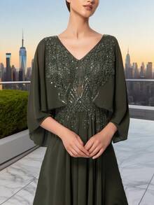 DELLA COUTURE Women's V-Neck Army Green Evening Gowns Exquisite Floating Fashion Ladies Elegant And Noble Slim Gorgeous Floor-Length Gowns Style Dress Suitable For Parties,Prom, Weddings And Other Formal Occasions Prom Guest Dress , Long Cocktail Dresses - Army Green - View 5