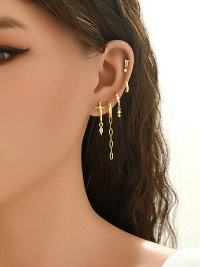 1 Set de 5 piezas de Aretes de Tachuelas de Circonita Elegantes, Adecuados para Uso Diario, Fiesta, Vacaciones, Citas o Boda