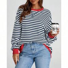 Womens Oversized Striped Sweatshirt Crewneck Long Sleeve Pullover Top Casual Y2K Spring Clothes 2026 Workout Shirt,Vacation Outfits Women,Valentine Outfits For Women,Street Photography - 海軍白 - 查看 6