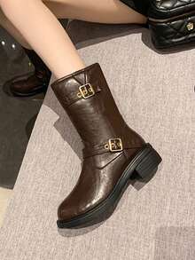 Botas Estilosas Femininas, Botas de Cavaleiro Estilo Britânico, Botas Curtas Versáteis de Ajuste Slim com Zíper Lateral Vintage, Botas para Primavera/Outono, Botas de Cano Médio Femininas de Couro com Salto Grosso