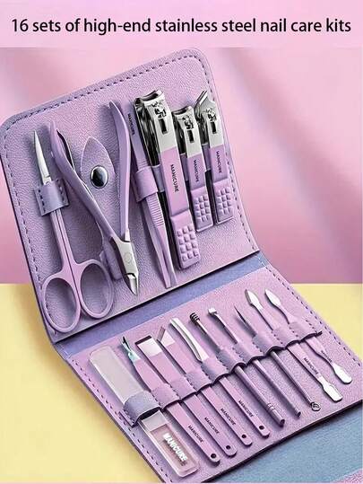 16pcs Premium Stainless Steel Manicure & Pedicure Set, Includes Nail Clippers, Scissors, Ear Pick, Travel Case, Foot & Beauty Care Tools For Professional