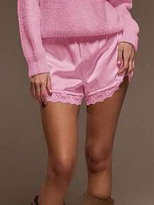 Y2K Lace Trim Satin Pajama Shorts For Women Low Waist Silk Lounge Pj Shorts Sexy Skinny Slip Mini Pajama Bottoms - 粉色 - 查看 2