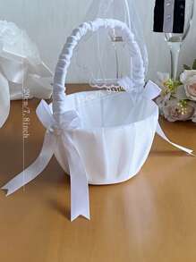 1pc White Petal Basket, Satin Bow Flower Basket, Suitable For Wedding
