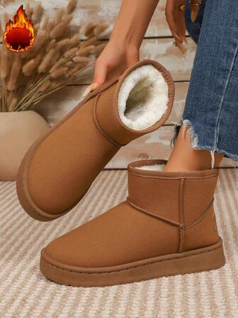 1 双女式纯色休闲保暖内衬户外雪地靴，冬季保暖，毛皮靴