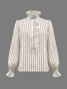 Blusa elegante de manga larga versátil con botones y volantes a rayas para mujer, de poliéster, a rayas, adecuada para el trabajo, primavera/verano