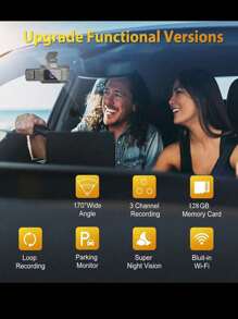 三通道行车记录仪，前后双录，1080P全高清，配备128GB SD卡，3英寸IPS屏幕，夜视功能，170°广角，WDR宽动态范围，24小时停车监控，150mAh电池