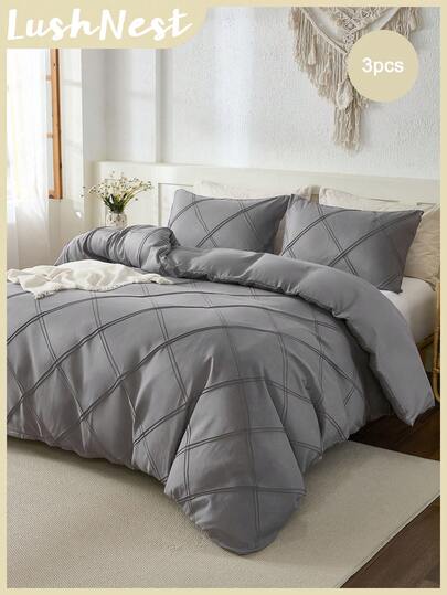 3pcs Solid Gray Plaid Pleated Duvet Cover Set (1 Duvet Cover + 2 Pillowcases, No Filling), Soft, Skin-Friendly, Lightweight, Breathable, Farmhouse Style, Suitable For Bedroom, All Seasons, Great Gift Option