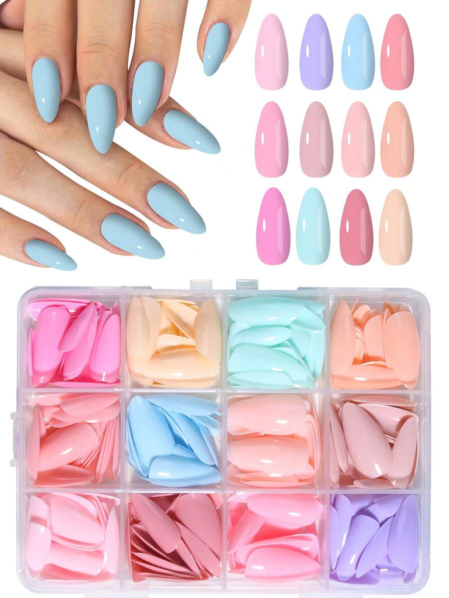 288片（12种混合款式）杏仁形亮面亚克力美甲贴纸，完美贴合，易于佩戴，适合夏季美甲、粉色系美甲，适合女性和女孩日常、派对及其他场合使用。